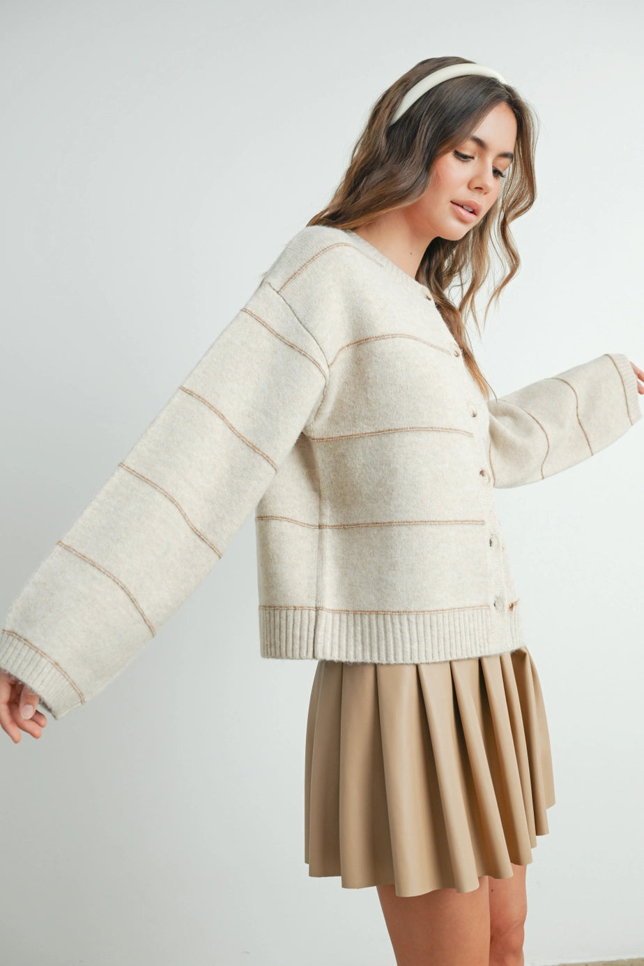 Button Front Striped Cardigan In Taupe