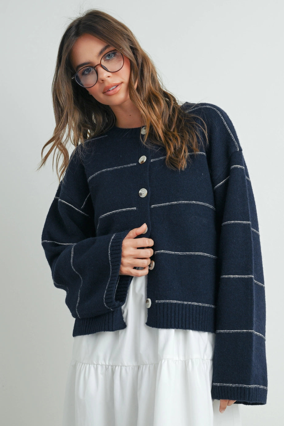 Button Front Striped Cardigan In Navy