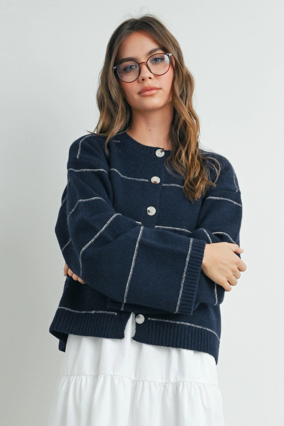 Button Front Striped Cardigan In Navy