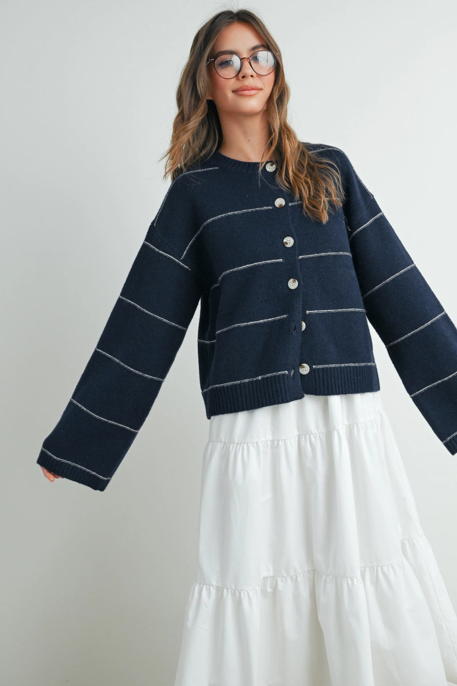 Button Front Striped Cardigan In Navy