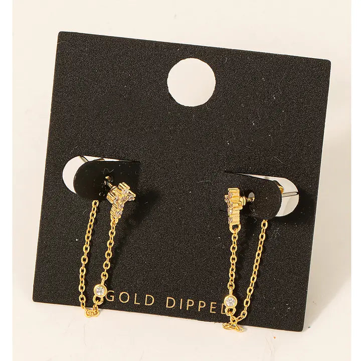 Pave Cross Stud Chain Dangle Earrings