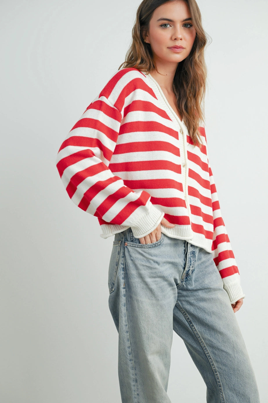 Button Front Stripped Sweater In Red