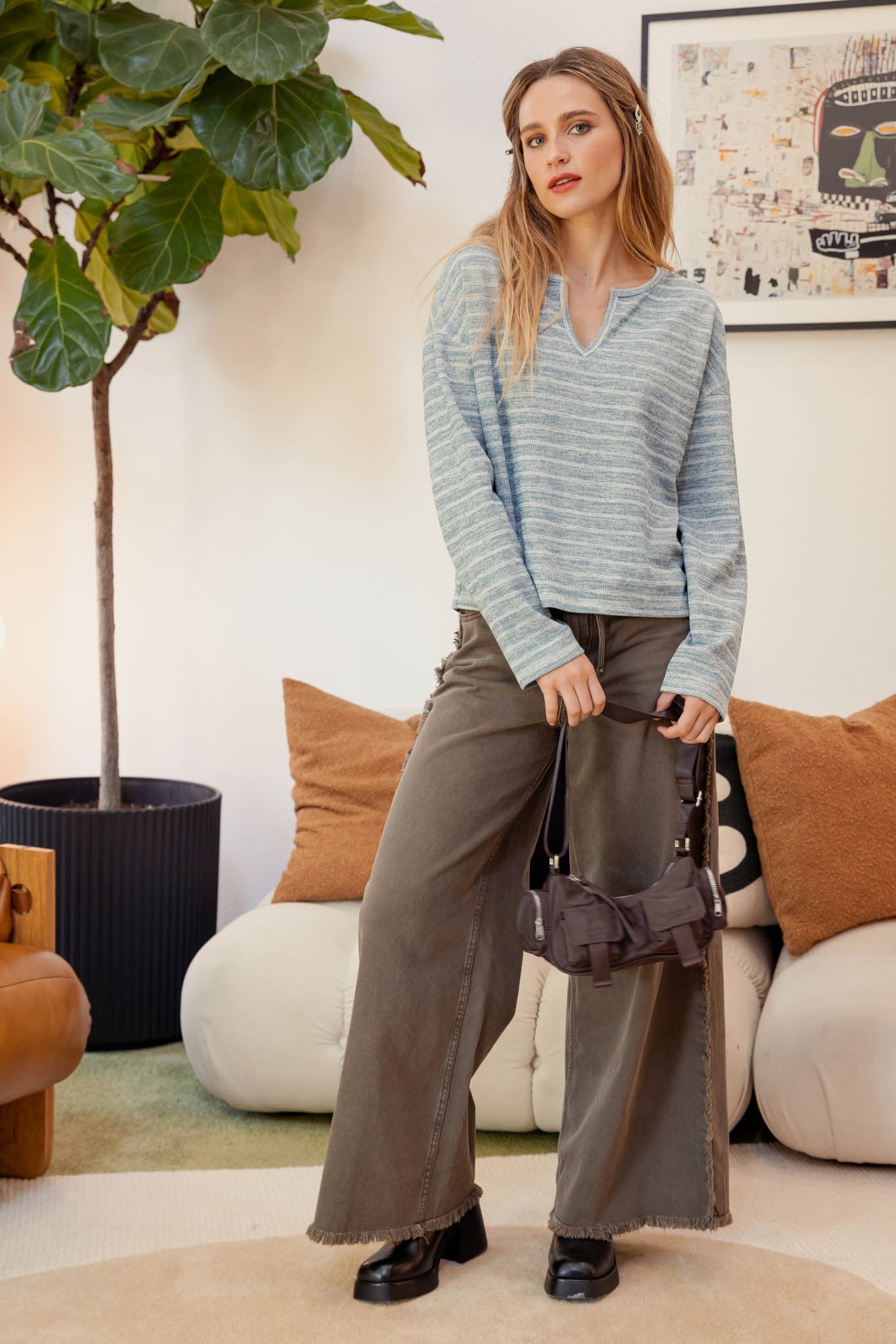 Kalyn Split Neck Long Sleeve in Dusty Blue