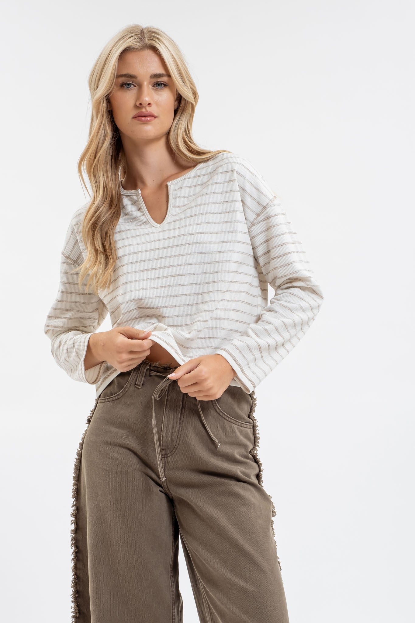 Kalyn Split Neck Long Sleeve in Cream