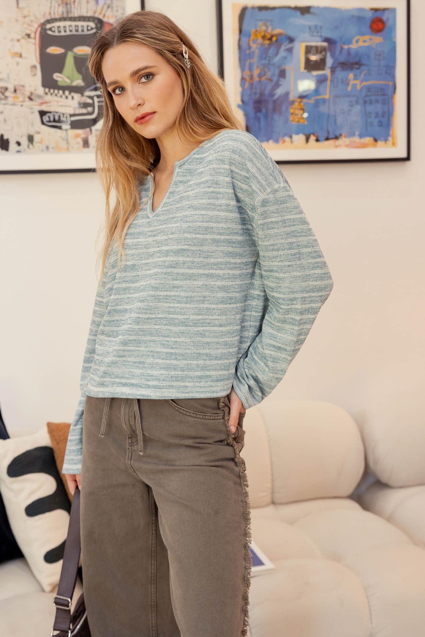 Kalyn Split Neck Long Sleeve in Dusty Blue