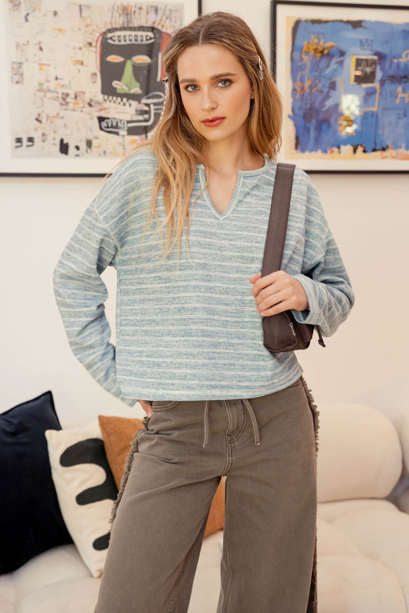 Kalyn Split Neck Long Sleeve in Dusty Blue