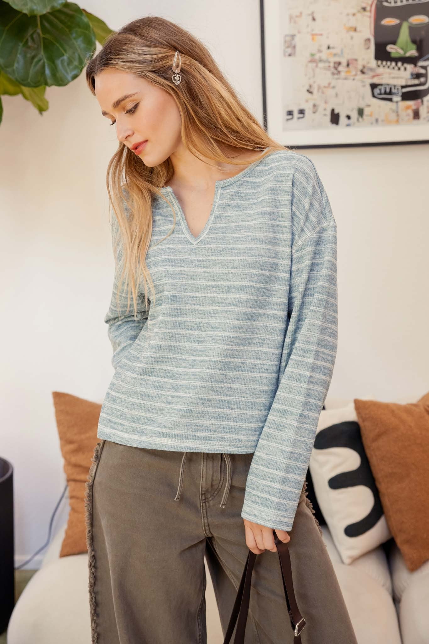 Kalyn Split Neck Long Sleeve in Dusty Blue