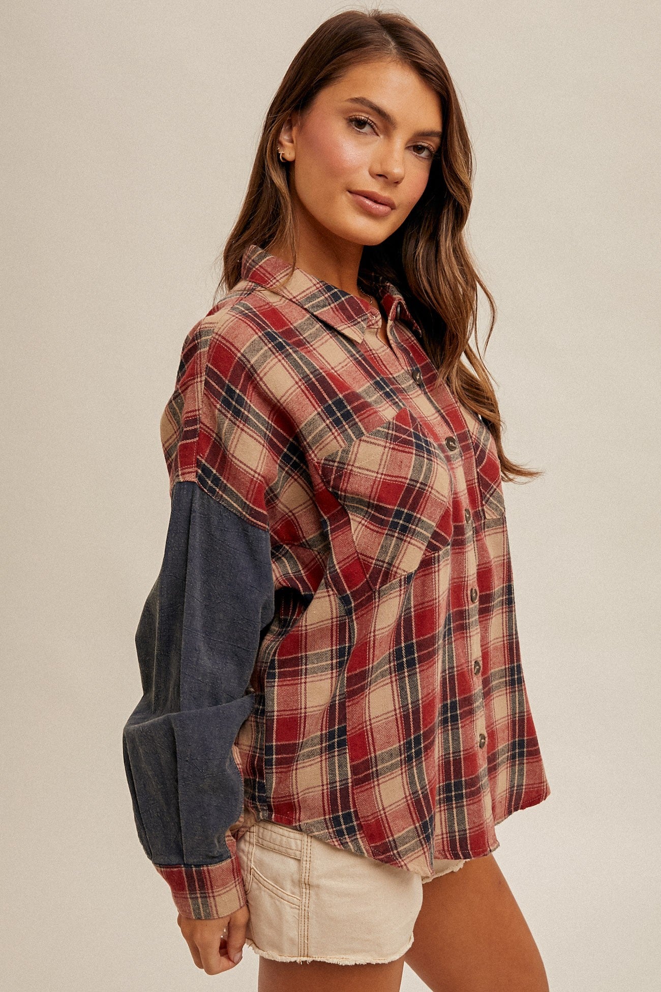 Oversized Plaid Button Down Flannel In Red