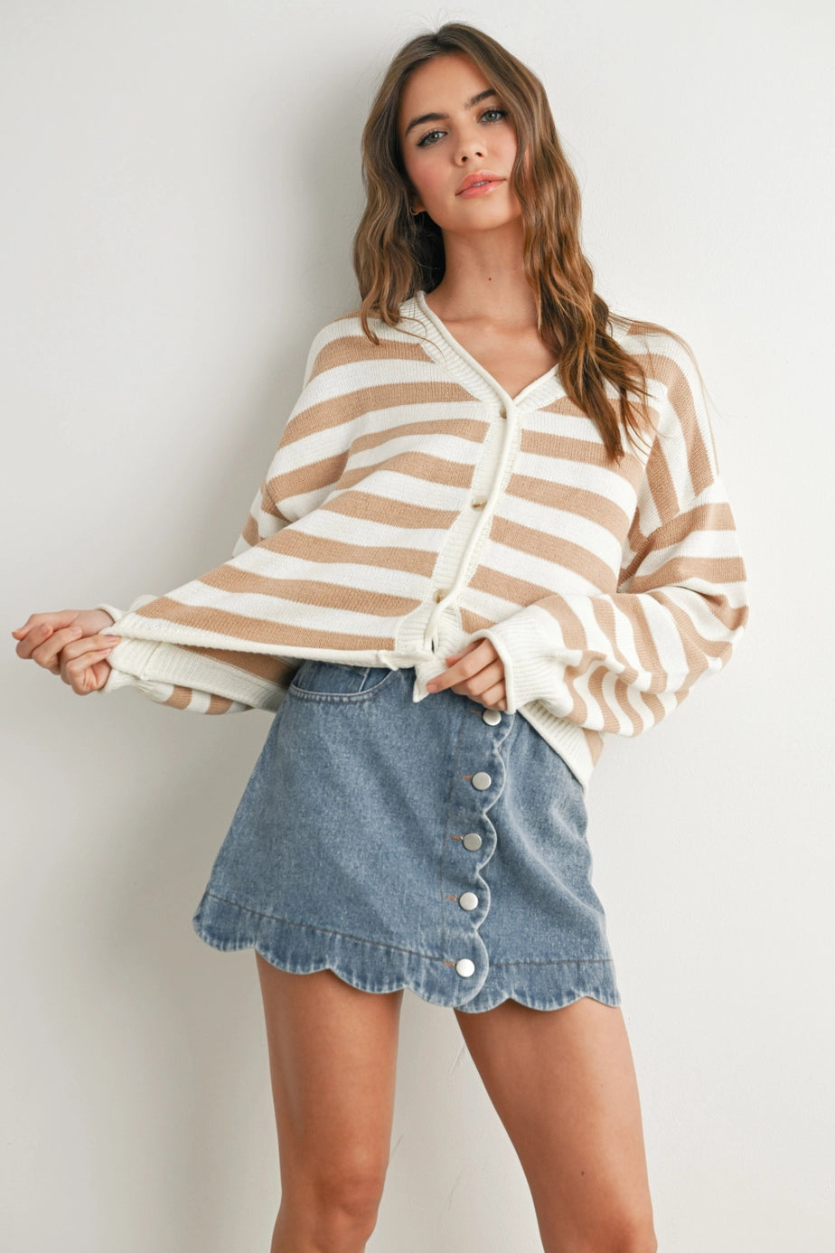 Button Front Stripped Sweater In Taupe