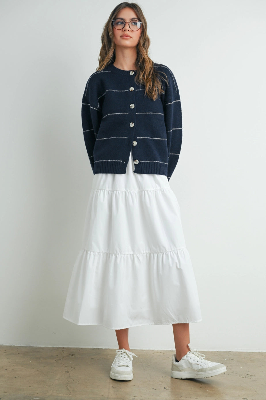 Button Front Striped Cardigan In Navy