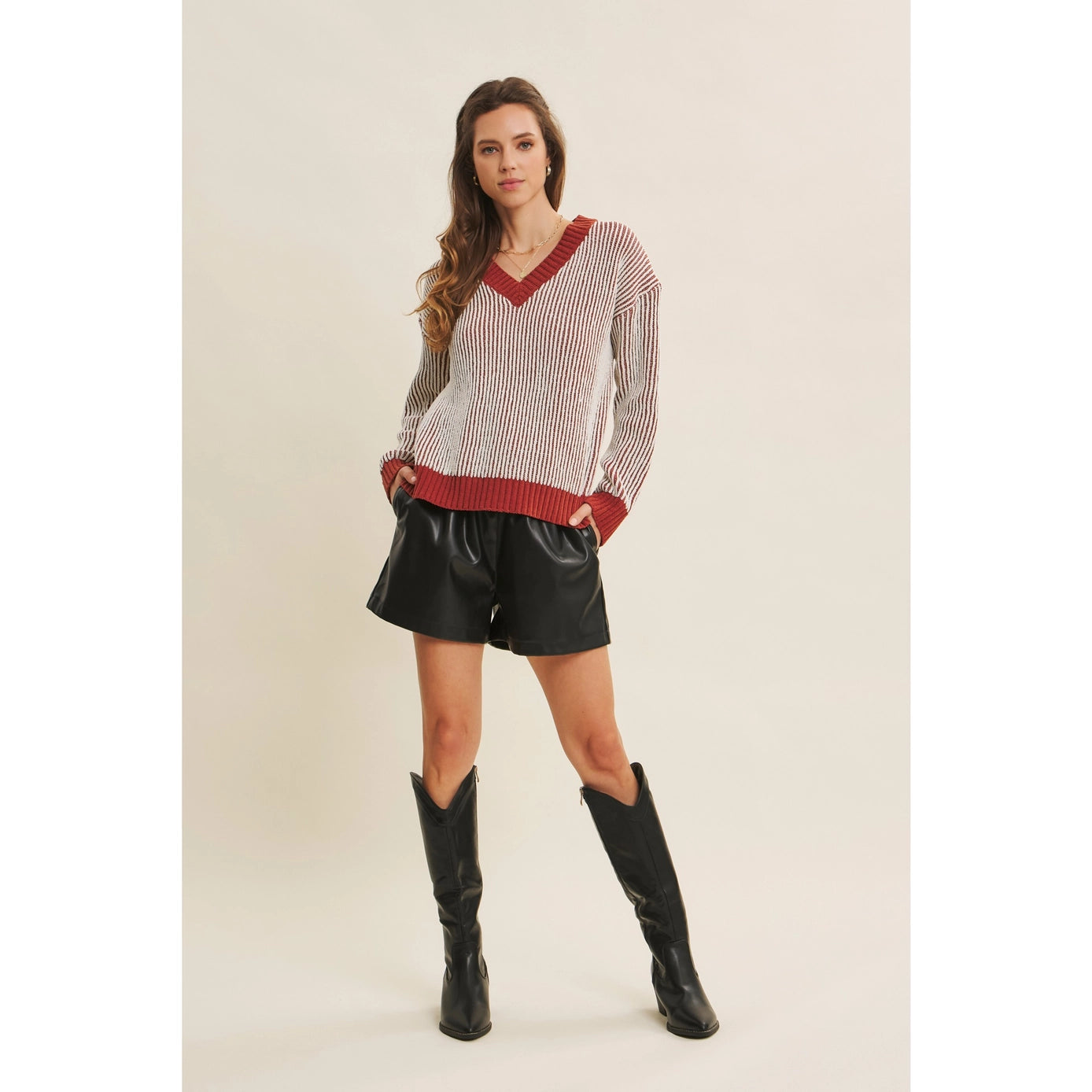 Two Tone Chenille Ribbed V-Neck Sweater