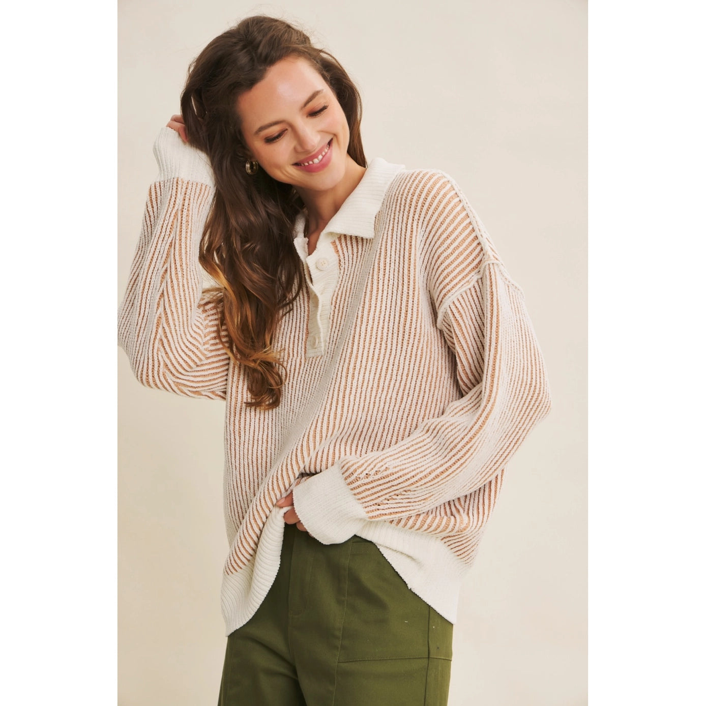 Two-Tone Stripe Henley Sweater