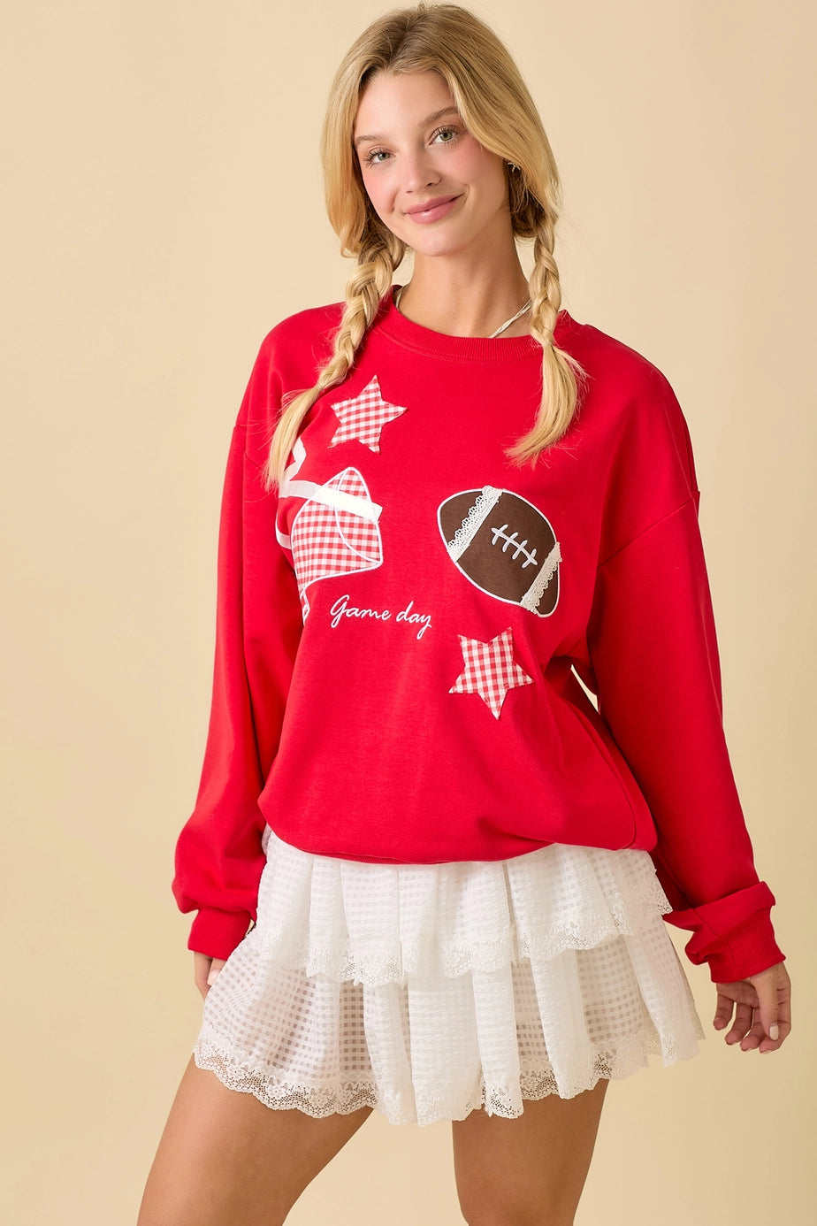 Football Game Day Bow Patched Crewneck In Red