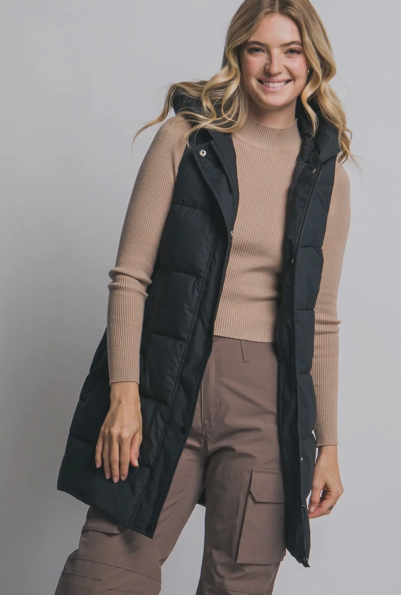 Black Hooded Long Vest