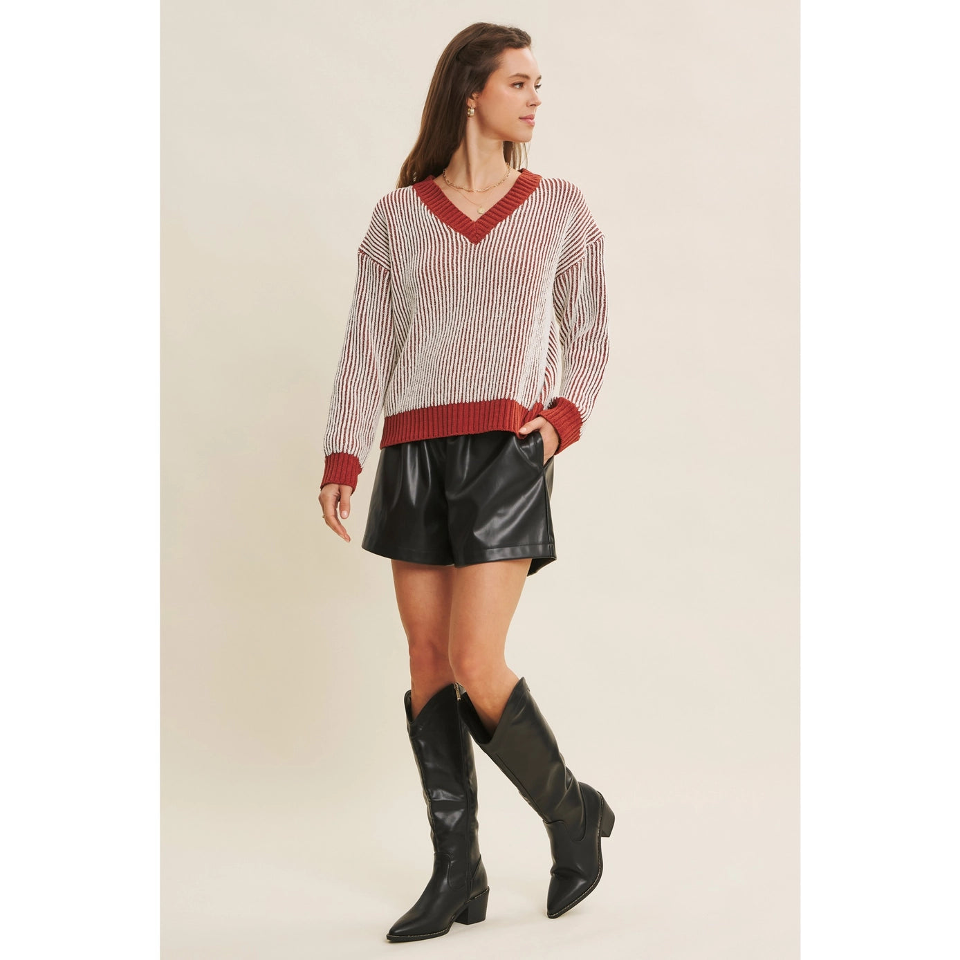 Two Tone Chenille Ribbed V-Neck Sweater