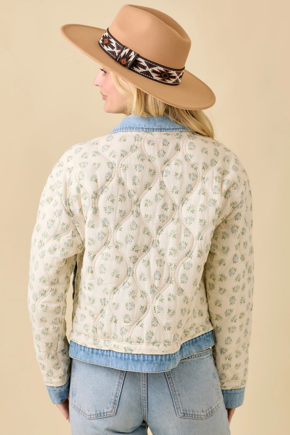 Floral Print Quilted Denim Jacket
