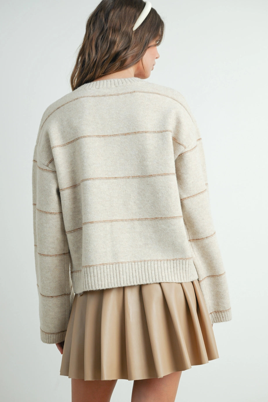 Button Front Striped Cardigan In Taupe