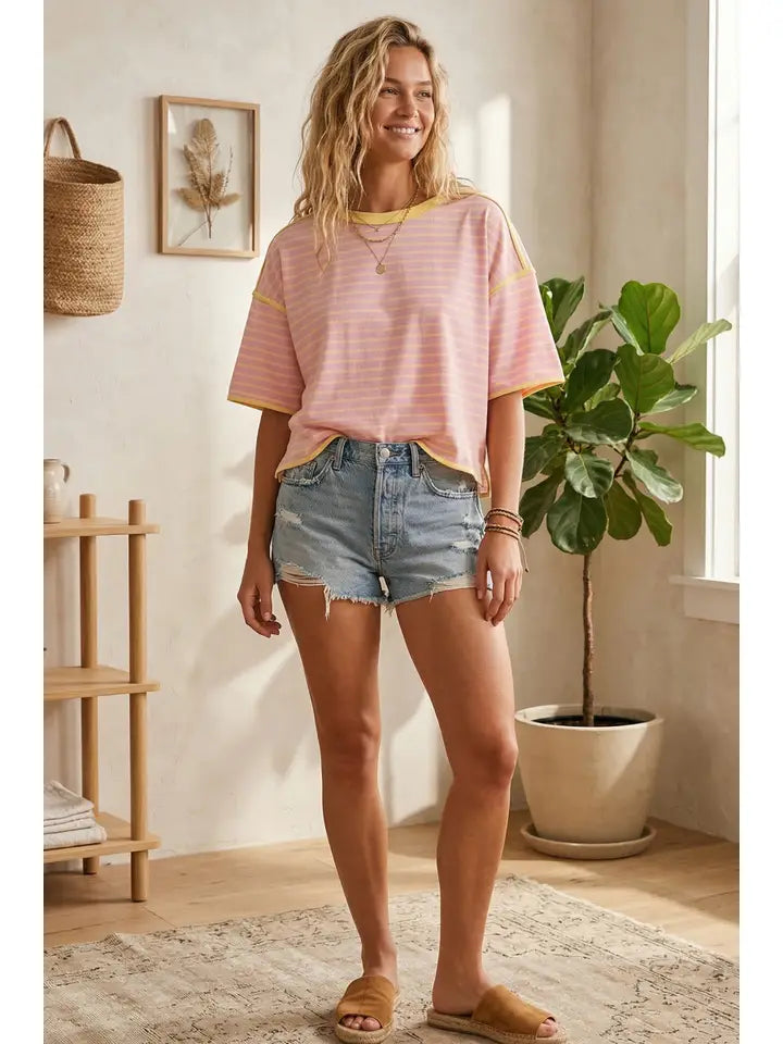 Striped Relaxed Fit Knit Tee in Pink & Yellow