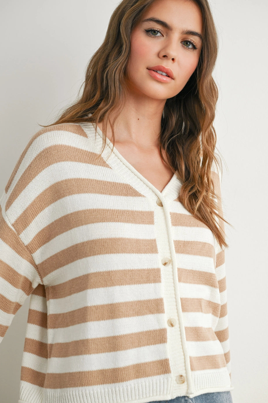 Button Front Stripped Sweater In Taupe