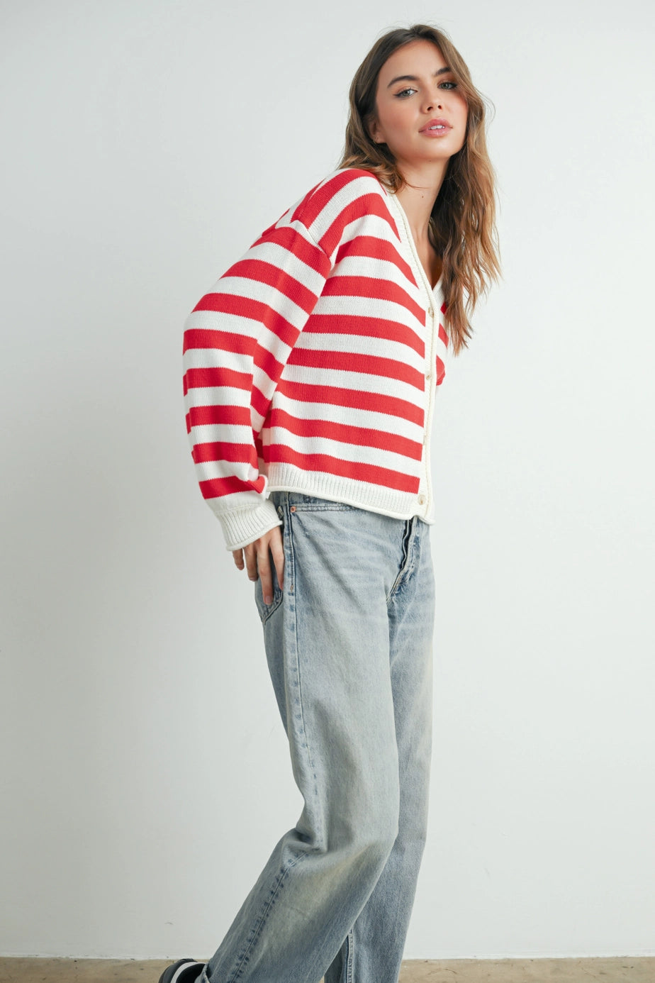 Button Front Stripped Sweater In Red