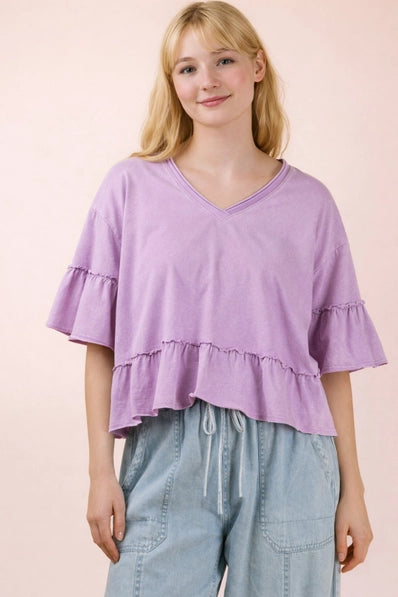 Mineral Washed Ruffle Detail Knit Top In Lavender
