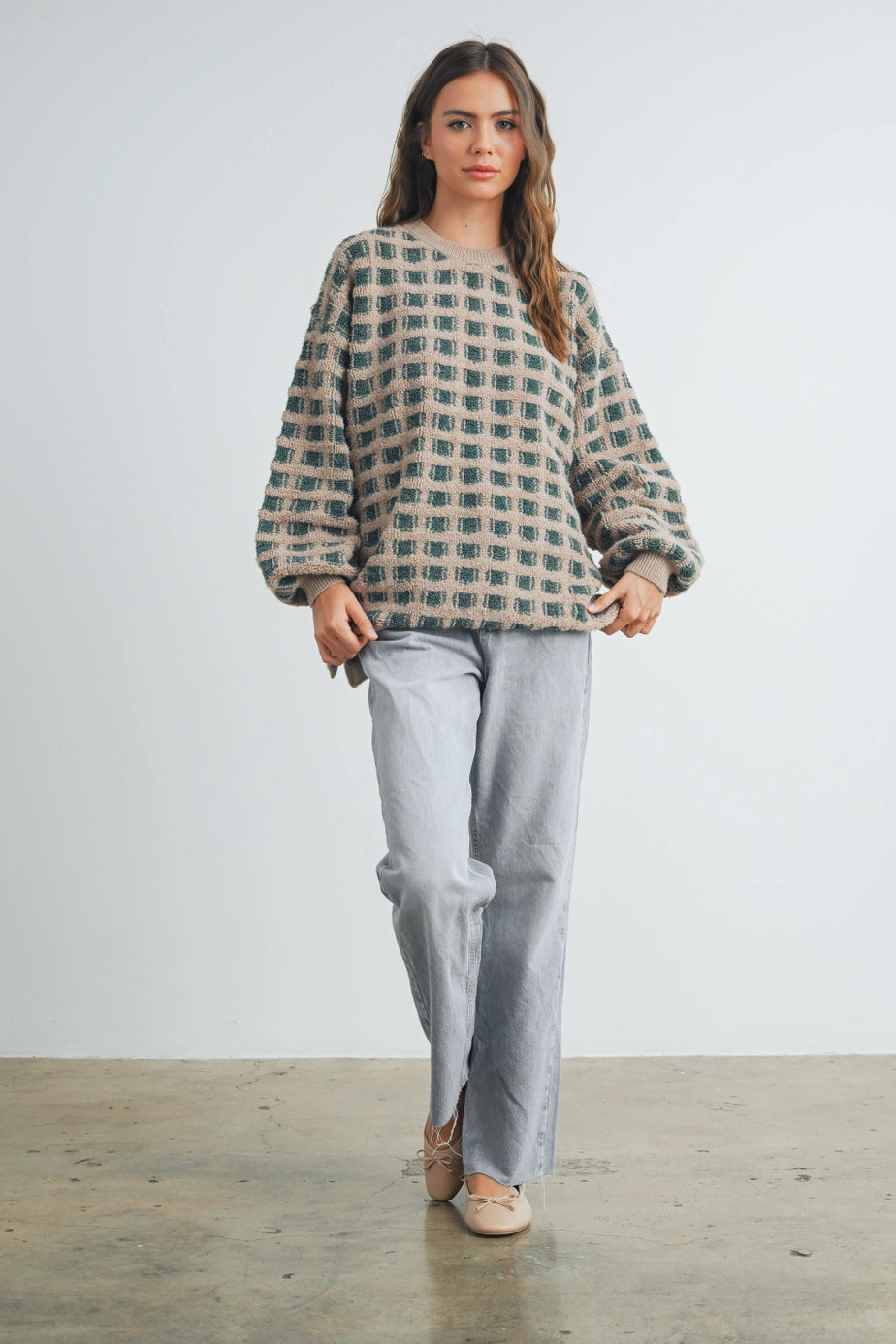 Checkered Oversized Sweater In Taupe/ Olive