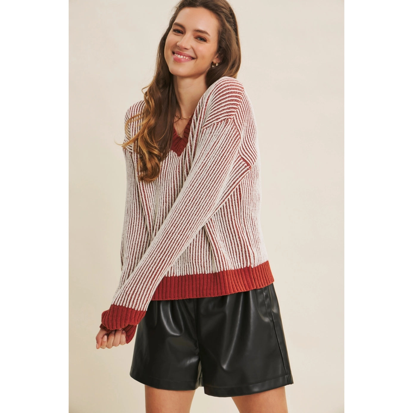 Two Tone Chenille Ribbed V-Neck Sweater