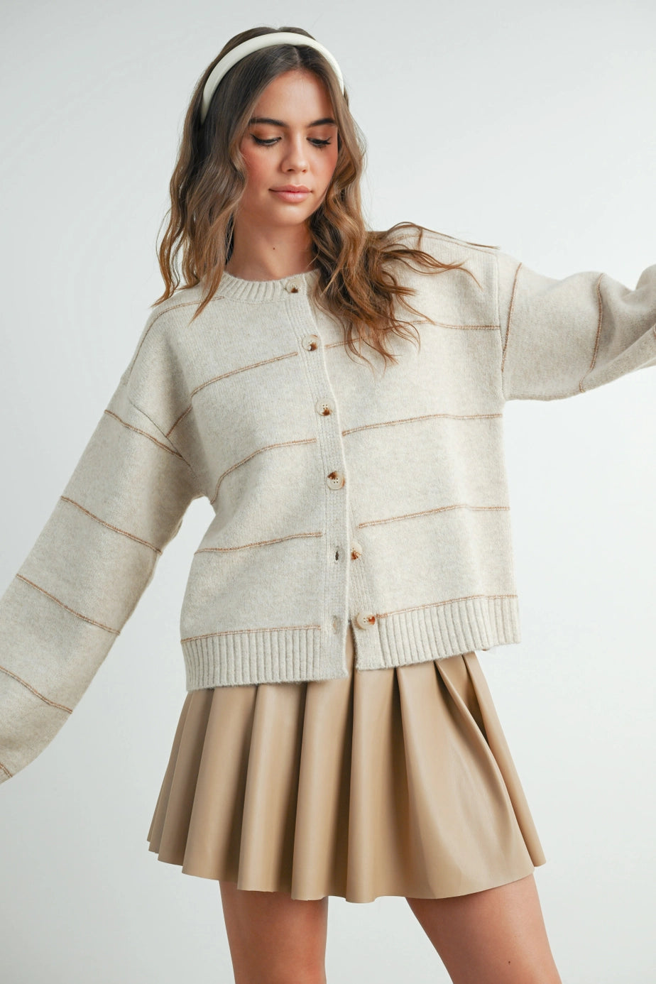 Button Front Striped Cardigan In Taupe