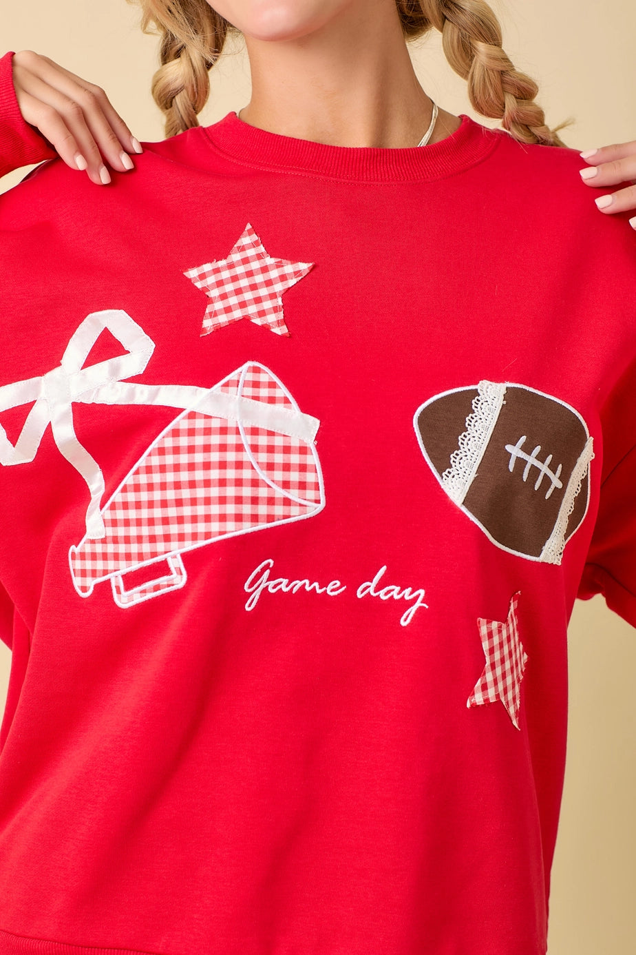 Football Game Day Bow Patched Crewneck In Red