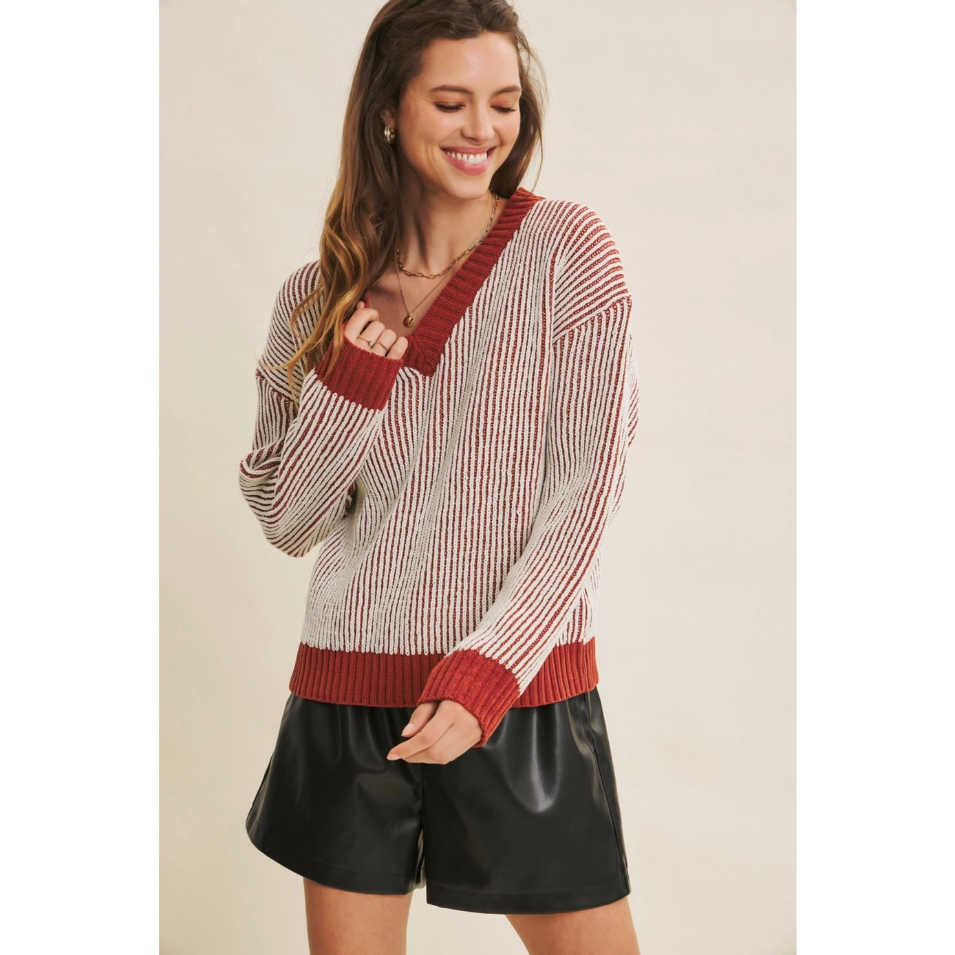 Two Tone Chenille Ribbed V-Neck Sweater
