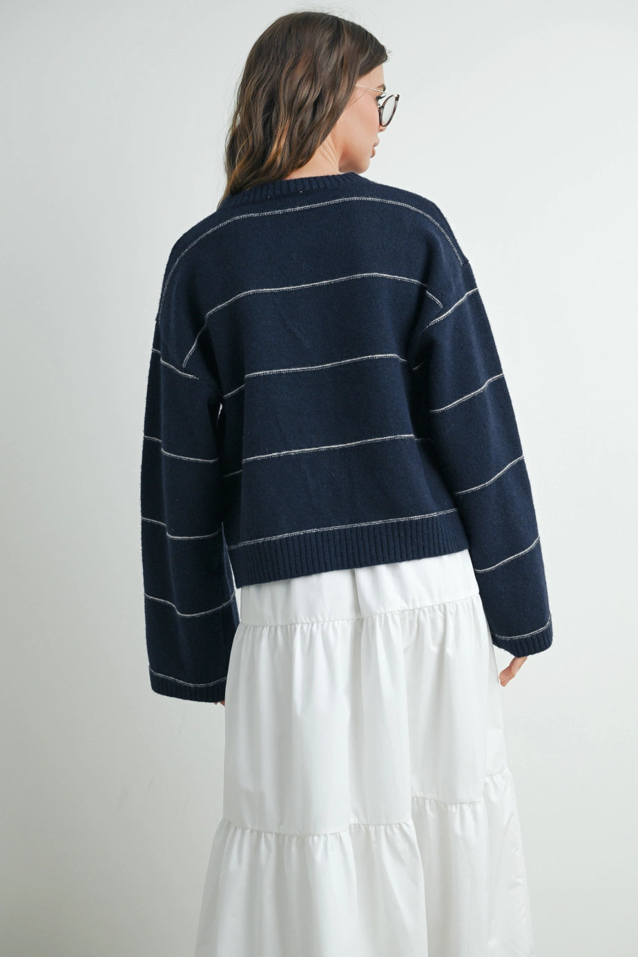 Button Front Striped Cardigan In Navy