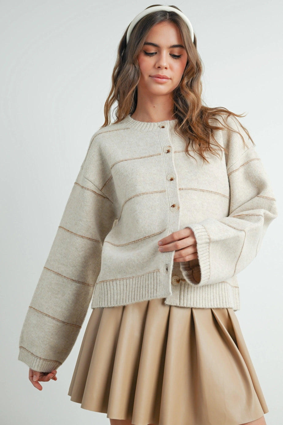 Button Front Striped Cardigan In Taupe