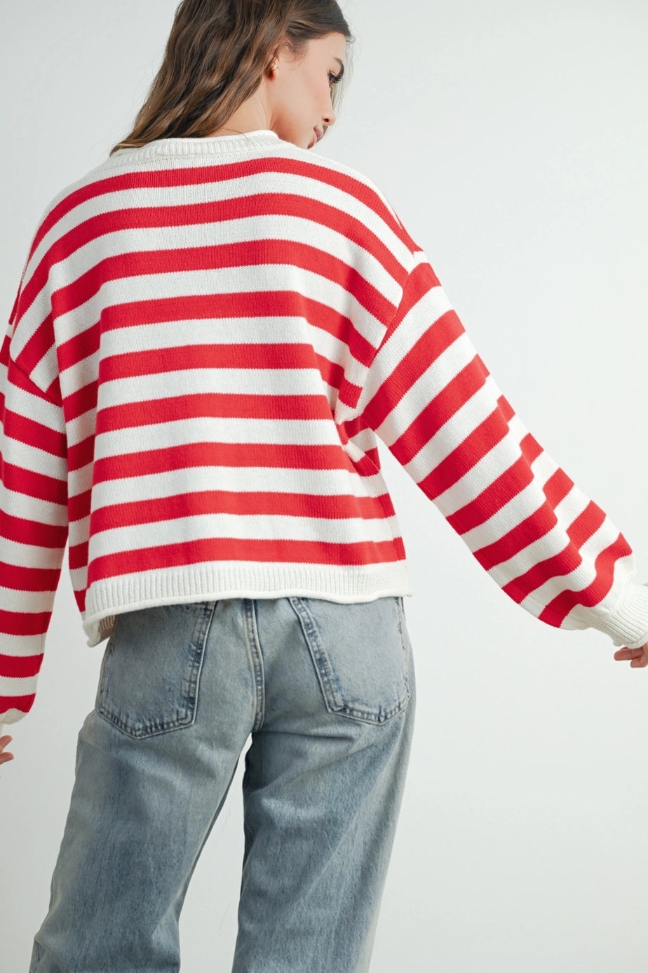 Button Front Stripped Sweater In Red