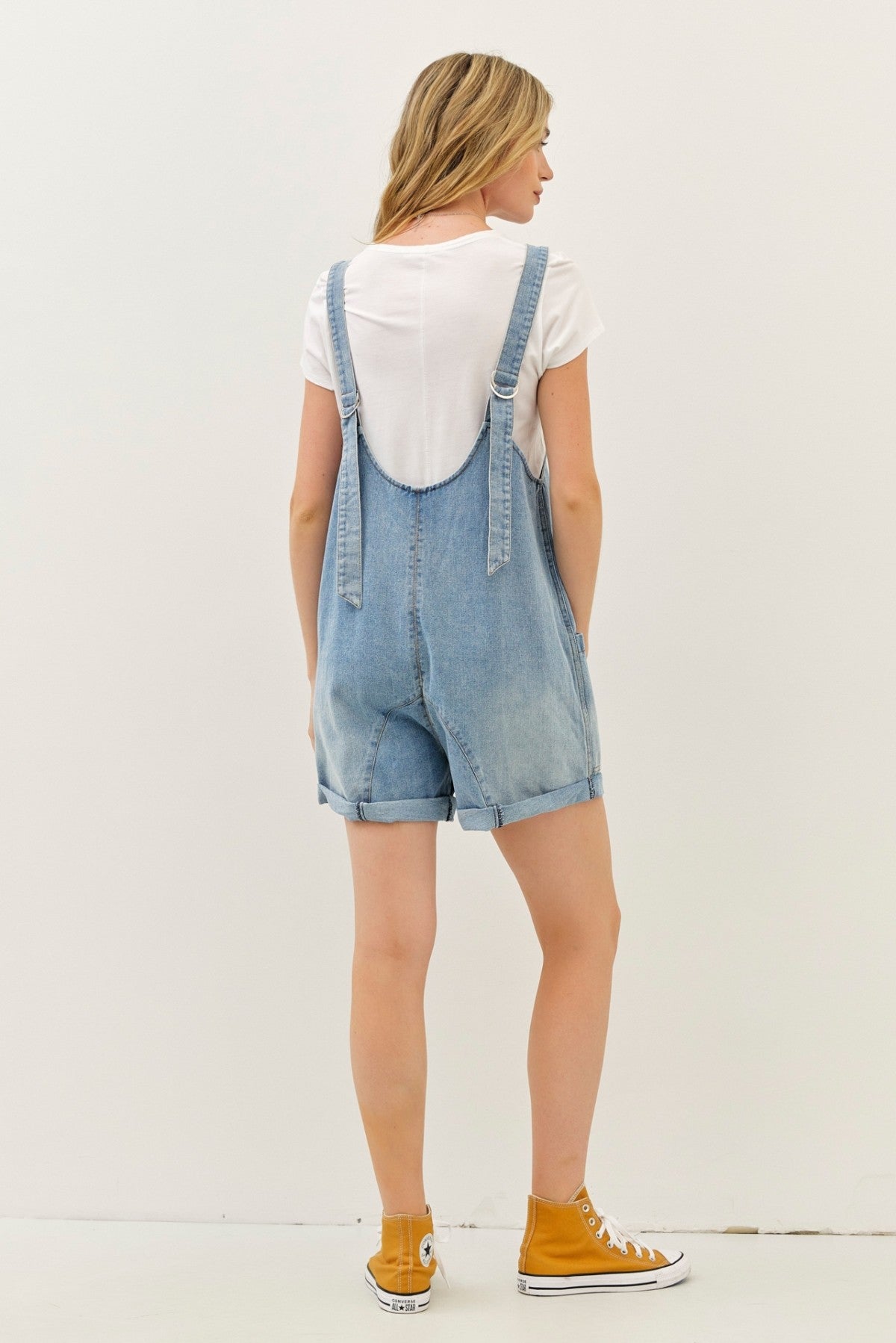 WASHED DENIM ROMPER WITH FRONT POCKETS