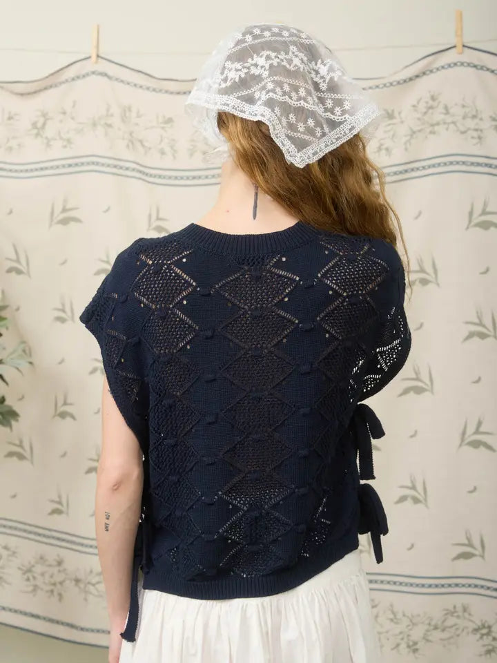 Side Tie Crochet Sweater In Navy