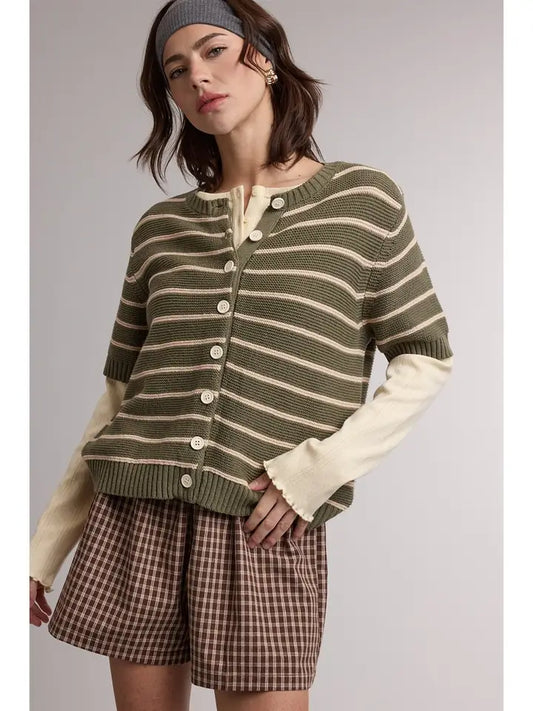 Stripe Short Sleeve Sweater Cardigan In Olive & Taupe