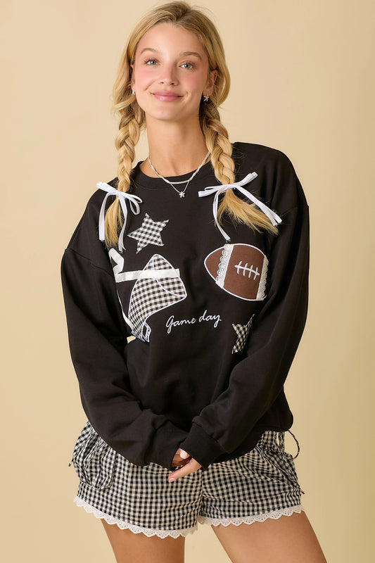 Football Game Day Bow Patched Crewneck In Black