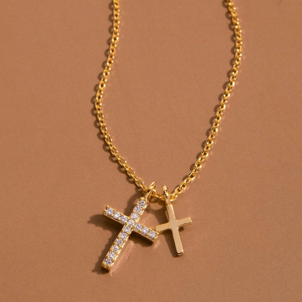 Pave Double Cross Pendant Necklace