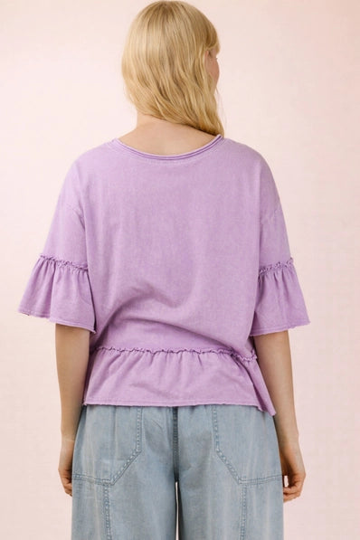 Mineral Washed Ruffle Detail Knit Top In Lavender