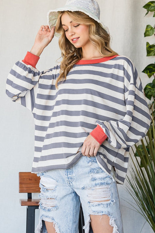 Kenna Stripe Sweatshirt in Grey