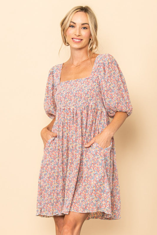 PLEATED FLORAL DRESS