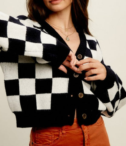 B&W Checkered Cardigan Sweater- S