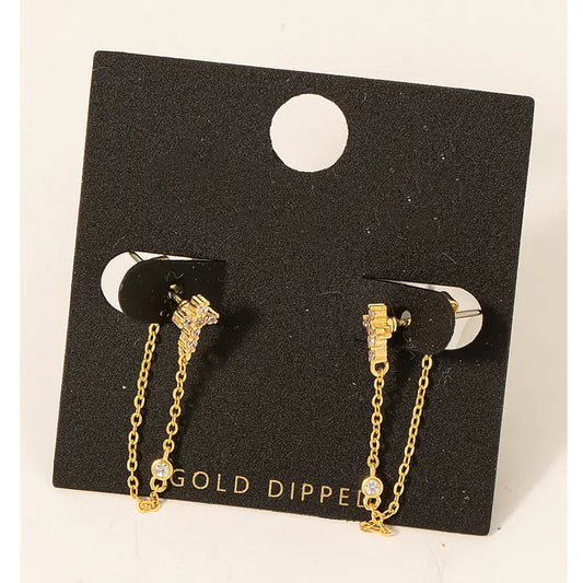Pave Cross Stud Chain Dangle Earrings