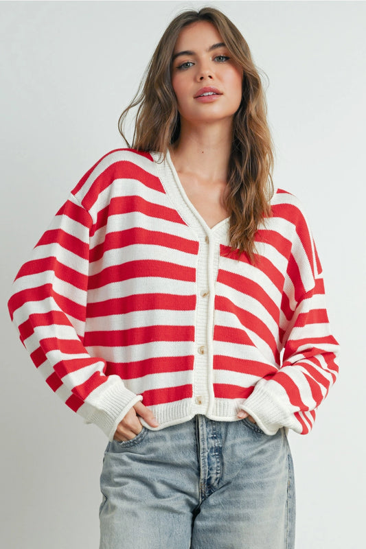 Button Front Stripped Sweater In Red