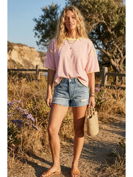 Striped Relaxed Fit Knit Tee in Pink & Yellow