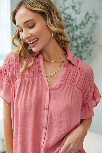 RUFFLE BUTTON DOWN SHIRT