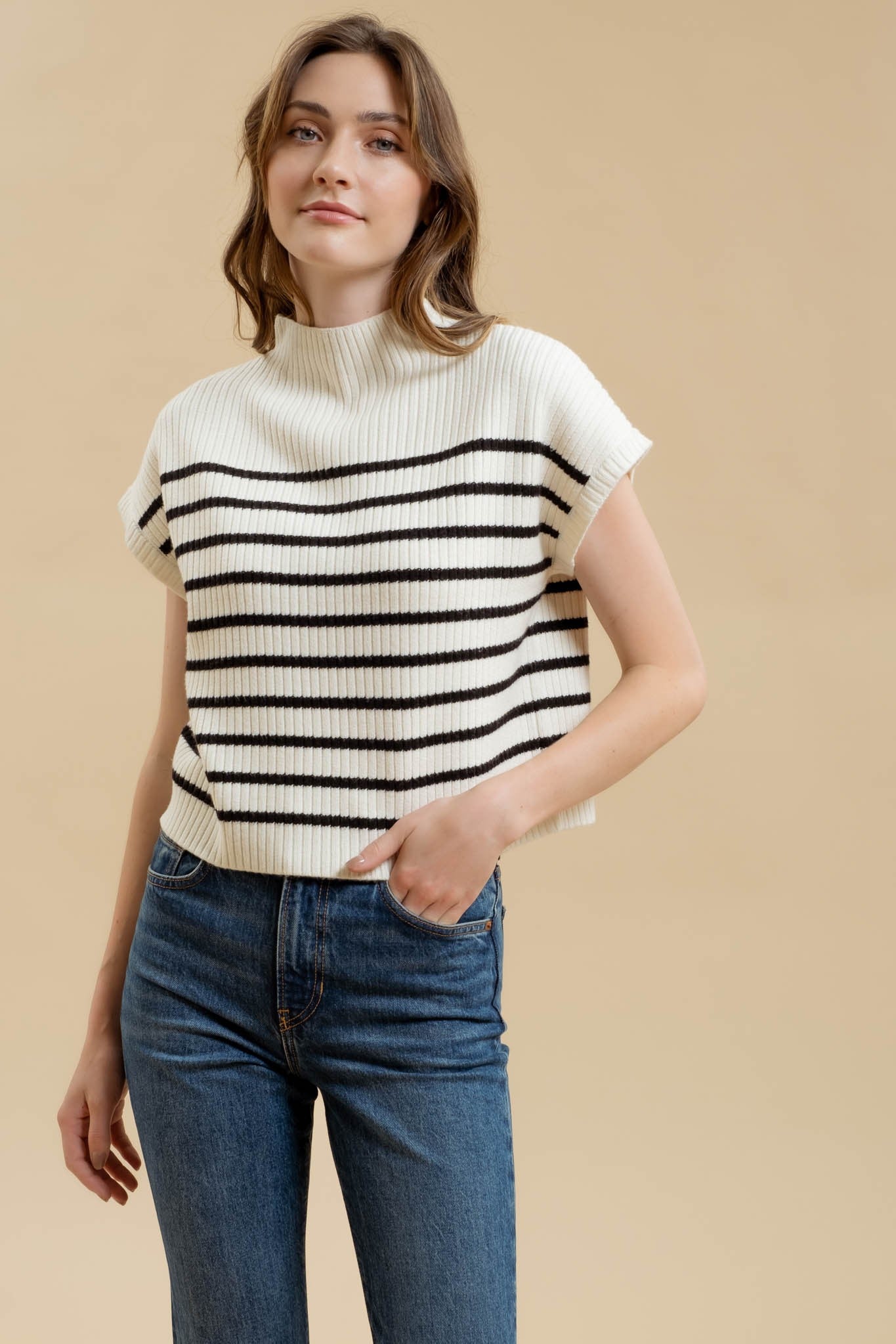 Stacy Knit Top In Ivory Stripes