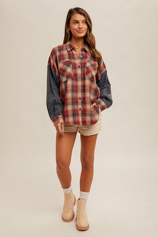 Oversized Plaid Button Down Flannel In Red