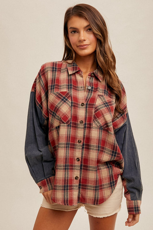 Oversized Plaid Button Down Flannel In Red