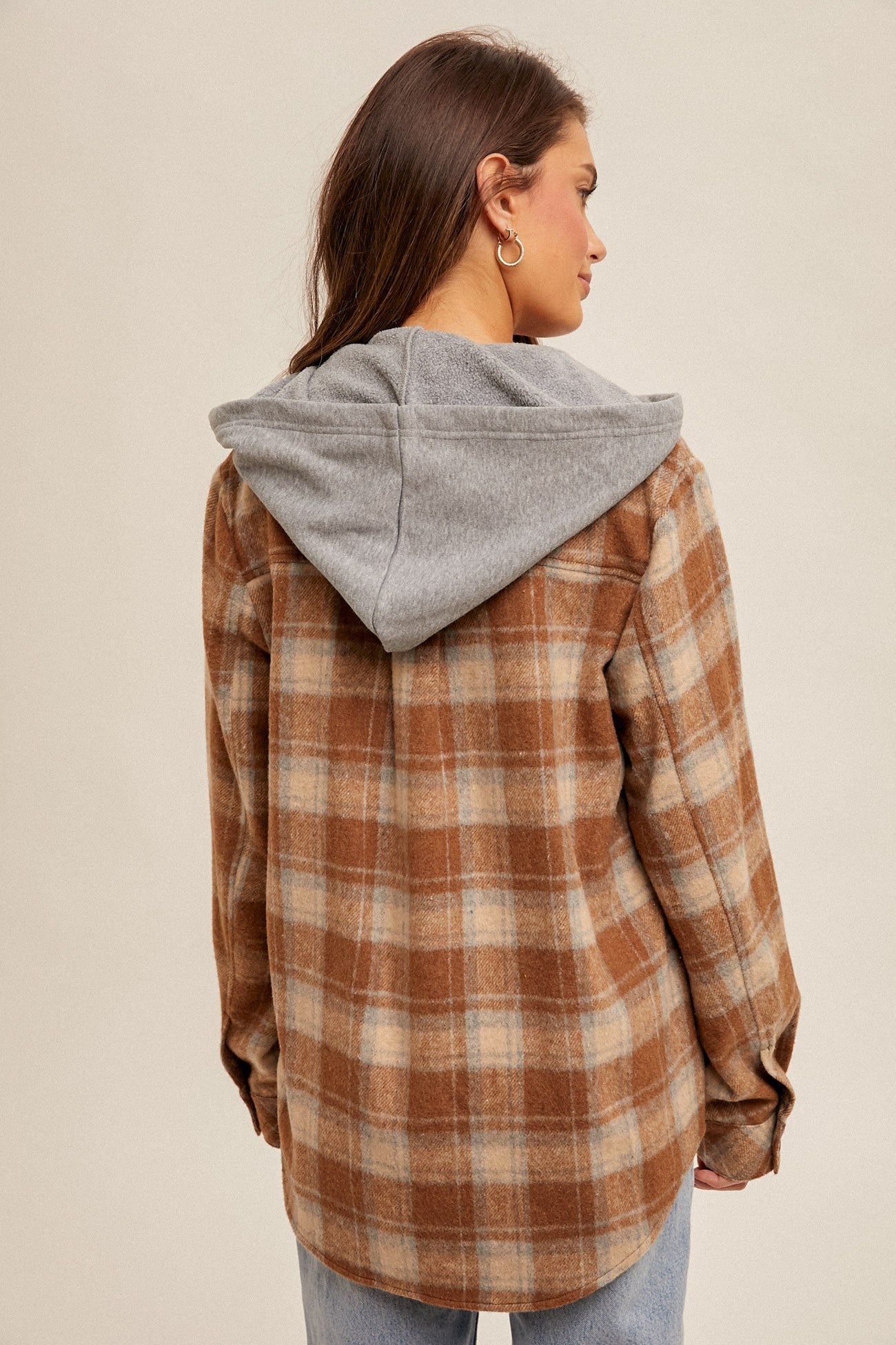 Emily Hoodie Plaid Shacket in Light Brown